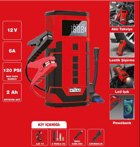 ATTLAS AKÜ TAKVIYE CIHAZI 4IN1 (LASTIK SISIRME + LED ISIK + POWERBANK)