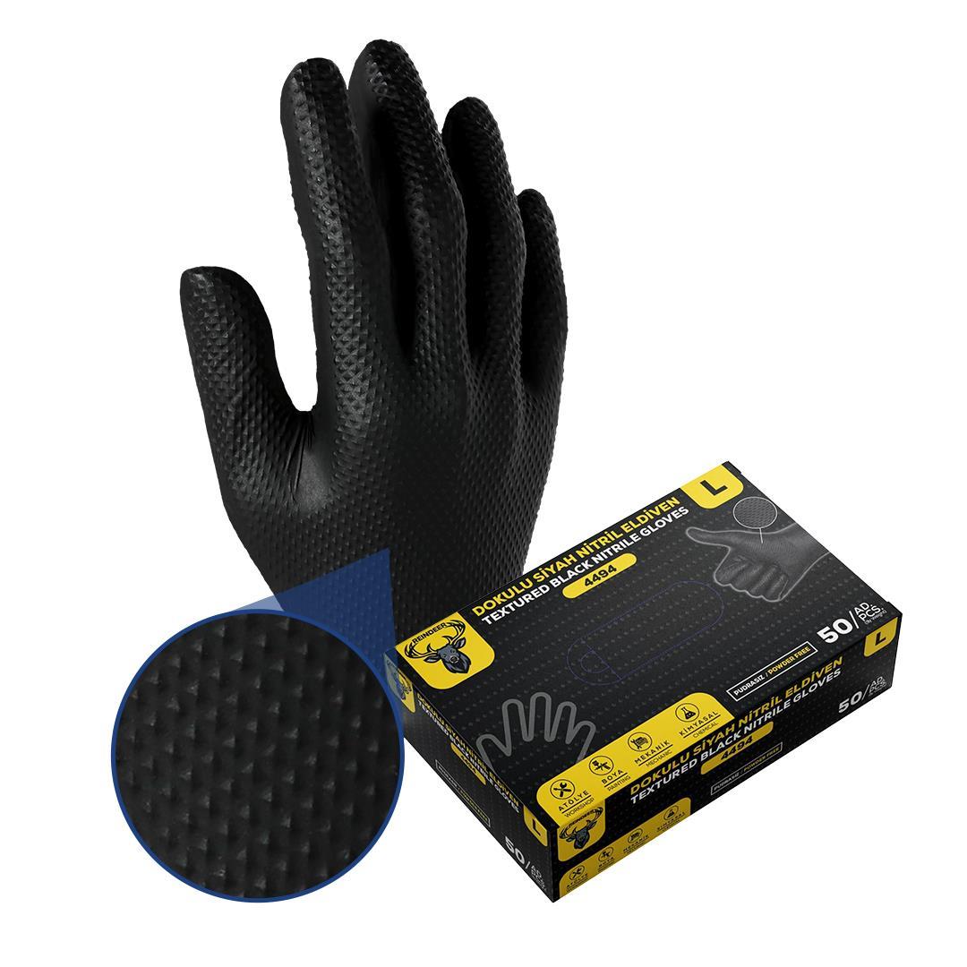 REINDEER NITRIL ELMAS DOKULU SIYAH ELDIVEN L (50 ADET)