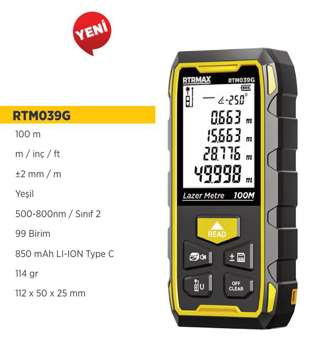 RTRMAX RTM039G YESIL LAZER MESAFE ÖLÇER SARJLI 100 MT