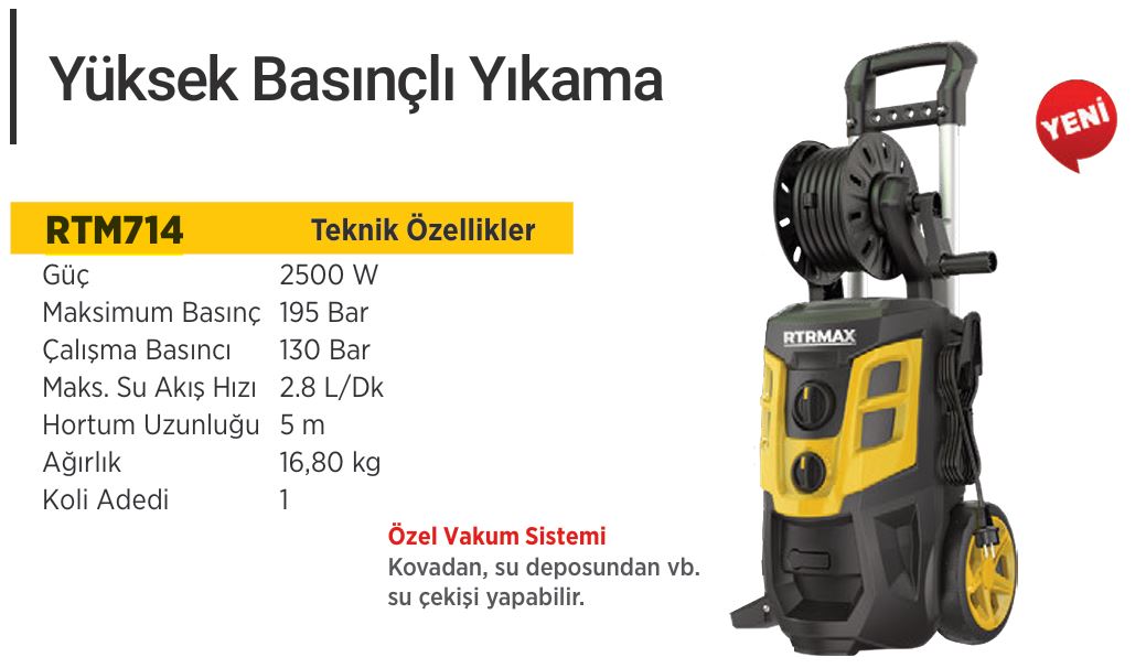 RTRMAX RTM714 YÜKSEK BASINÇLI YIKAMA 2500W 195 BAR 5 MT HORTUM 23 KG