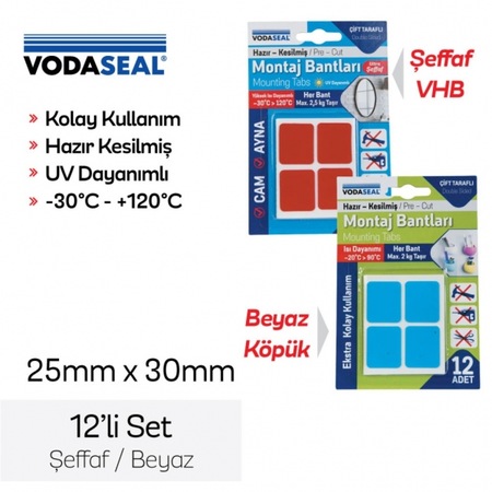 VODASEAL HAZIR KESILMIS VHB MONTAJ BANDI - 25 MM X 30 MM - 12 LI SET - SEFFAF