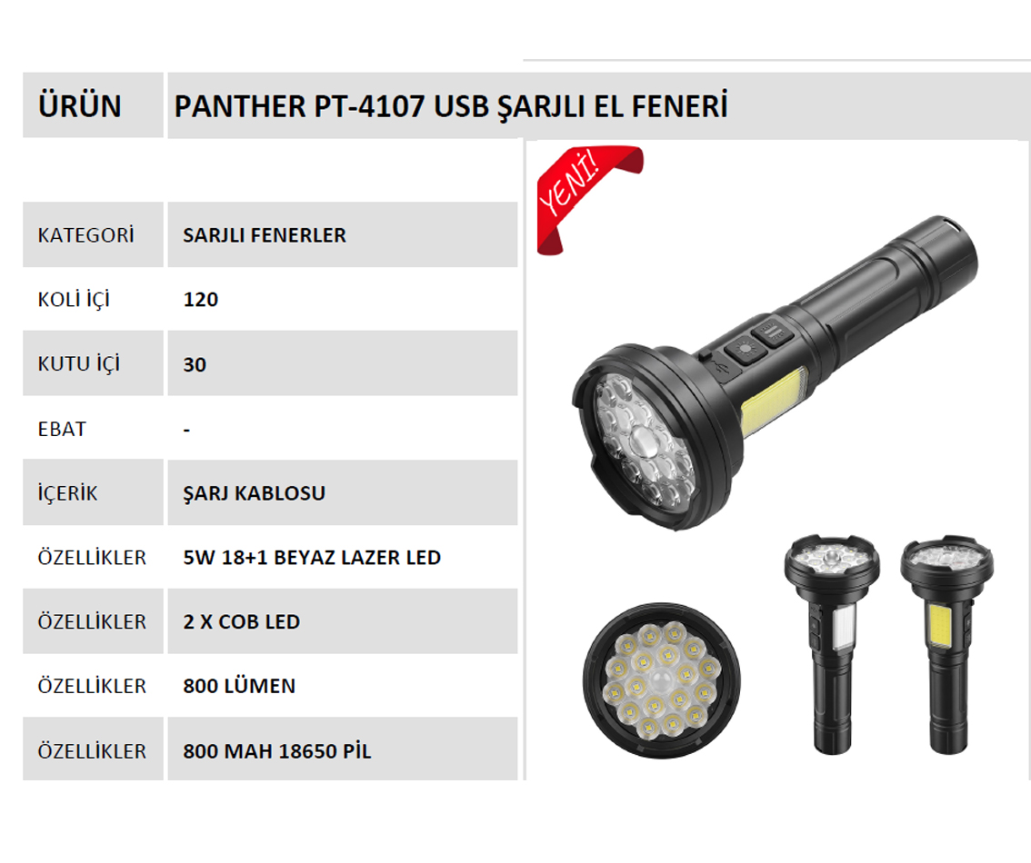 PANTHER PT-4107 USB SARJLI EL FENERI