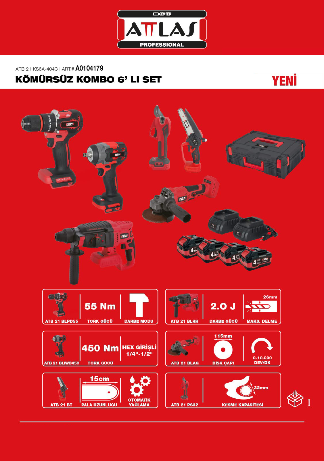 ATTLAS ATB21 KS6A-404C AKÜLÜ 6LI SET (MATKAP+KIRICI+SOMUN SIKMA+TASLAMA+BUDAMA MAKASI+TESTERE )