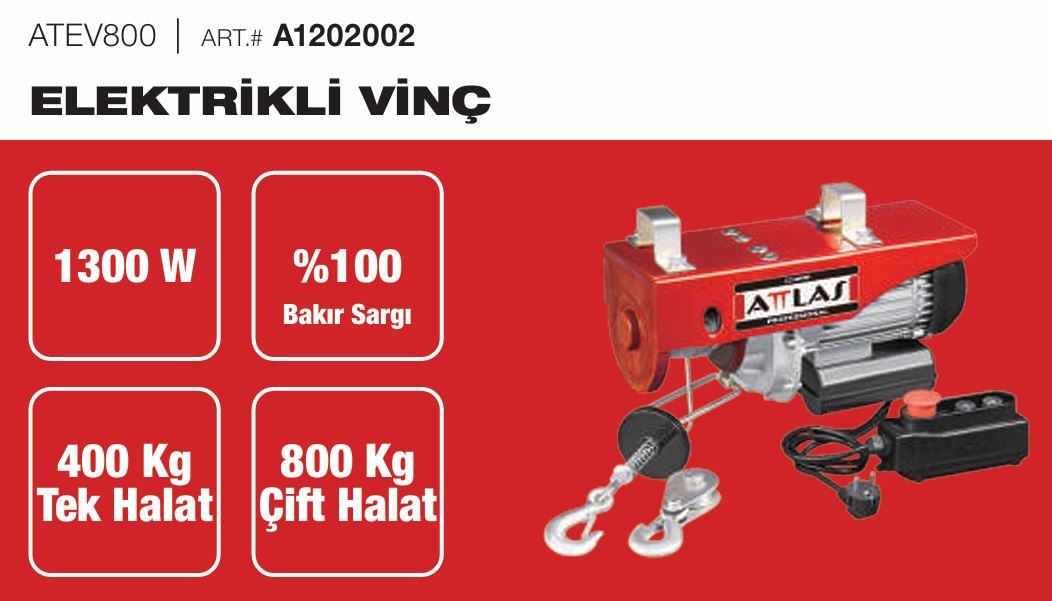 ATTLAS ATEV 800 ELEKTRIKLI VINÇ 1300W 400/800KG BAKIR SARGI