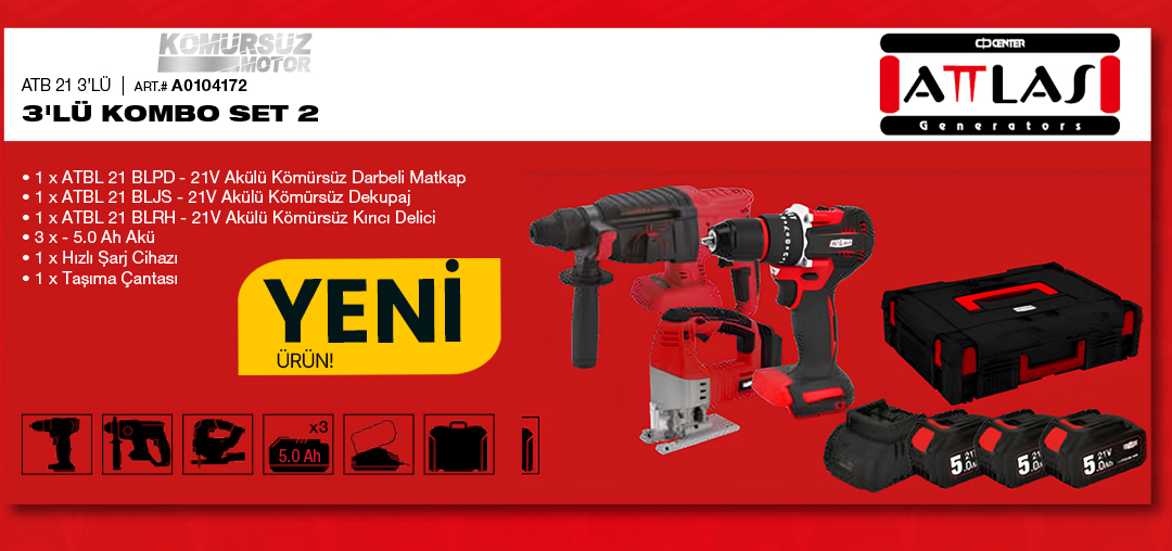 ATTLAS ATB 21 3’LÜ KÖMÜRSÜZ KOMBO SET (MATKAP+DEKUPAJ+KIRICI DELICI)