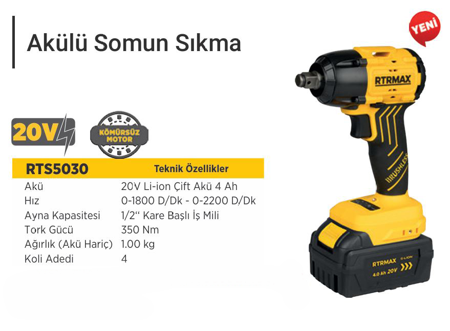 RTRMAX S-LION AKÜLÜ SOMUN SIKMA KÖMÜRSÜZ 1/2 350Nm 2x4 Ah AKÜ