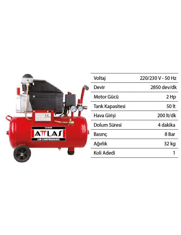 ATTLAS ZJ 2050 J MONOFAZE KOMPRESÖR 50 LT-2 HP