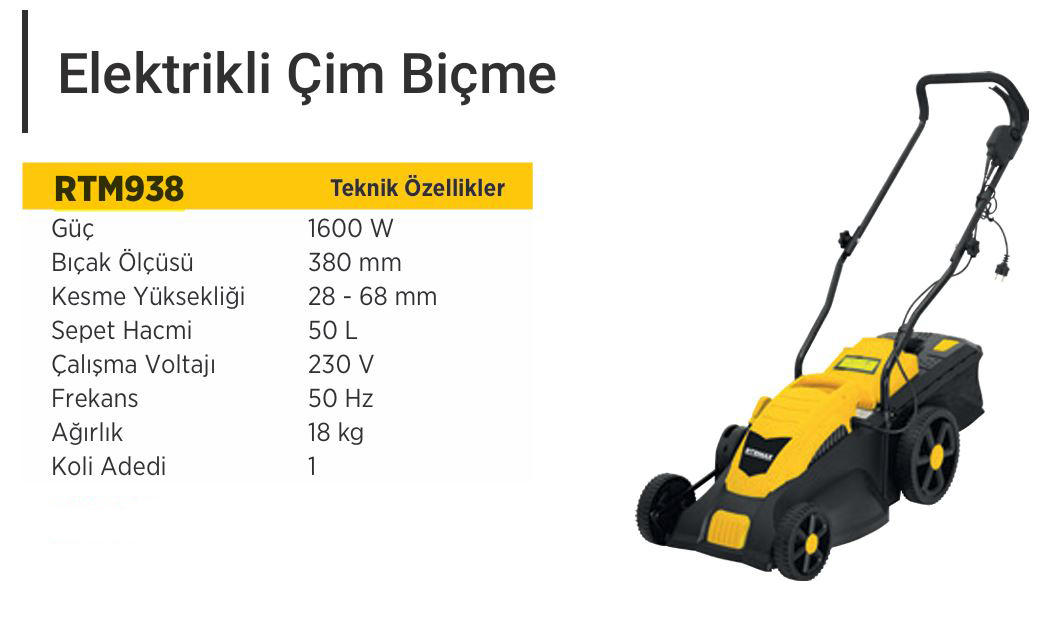RTRMAX RTM938 ELEKTRIKLI ÇIM BIÇME MAKINASI 380 MM 1600 W