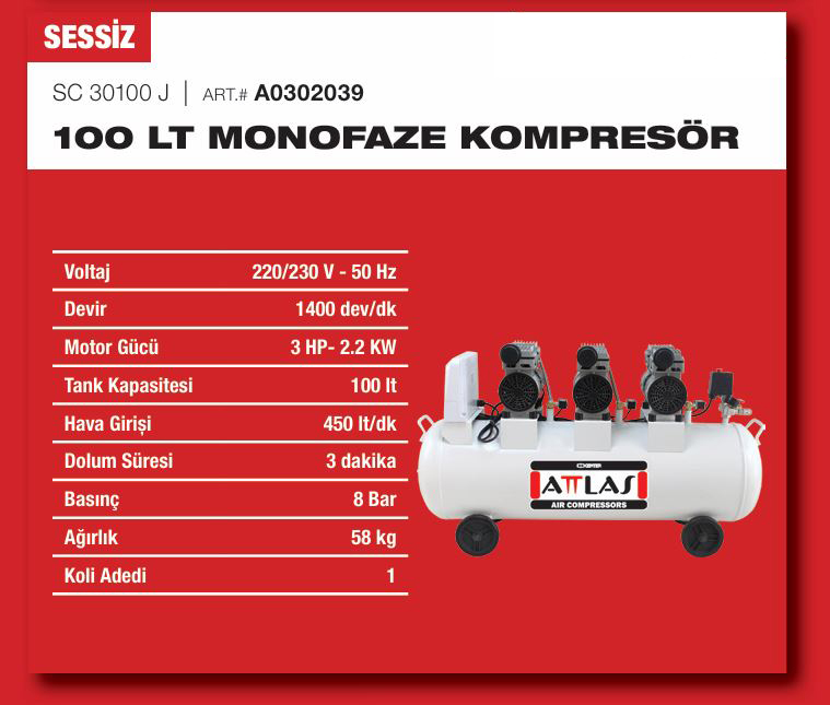 ATTLAS SC30100-J SESSIZ MONOFAZE KOMPRESÖR 100 LT 3.0 HP