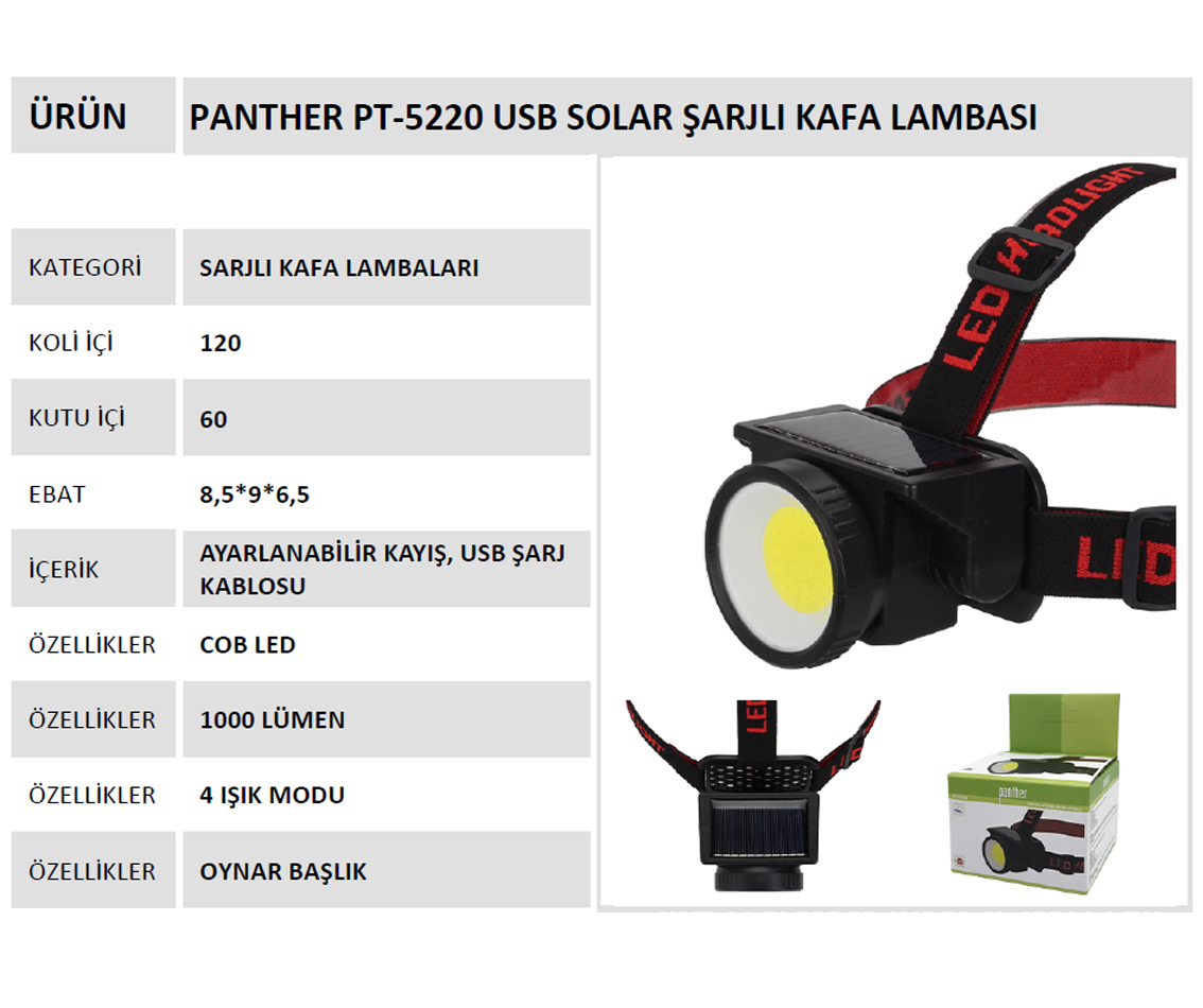 PANTHER PT-5220 USB SOLAR SARJLI KAFA LAMBASI