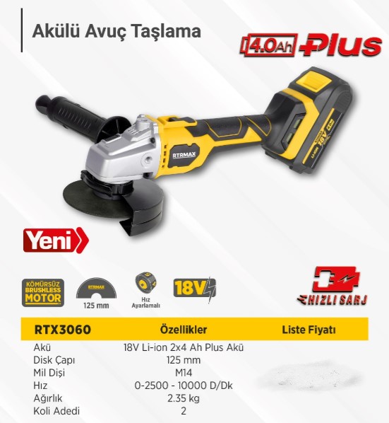 RTRMAX X-LION RTX3060 AKÜLÜ AVUÇ TASLAMA KÖMÜRSÜZ 115MM 10.000RPM 2X4Ah PLUS AKÜ HIZLI SARJ