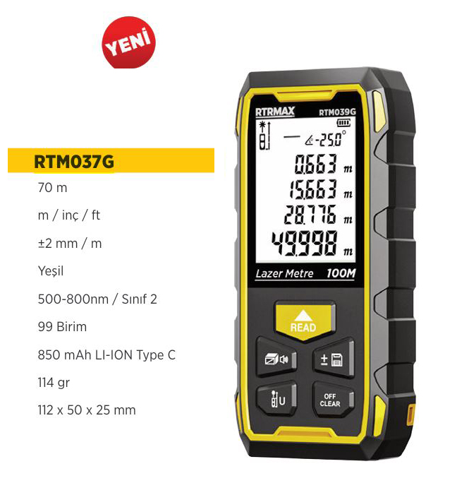 RTRMAX RTM037G YESIL LAZER MESAFE ÖLÇER SARJLI 70 MT